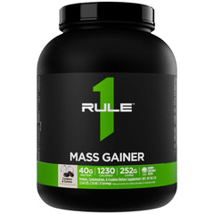 Rule1 Mass Gainer packaging front highlights high calories for athletes.
