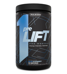Rule 1 preLIFT blue raspberry tub with scoop for energized workouts.