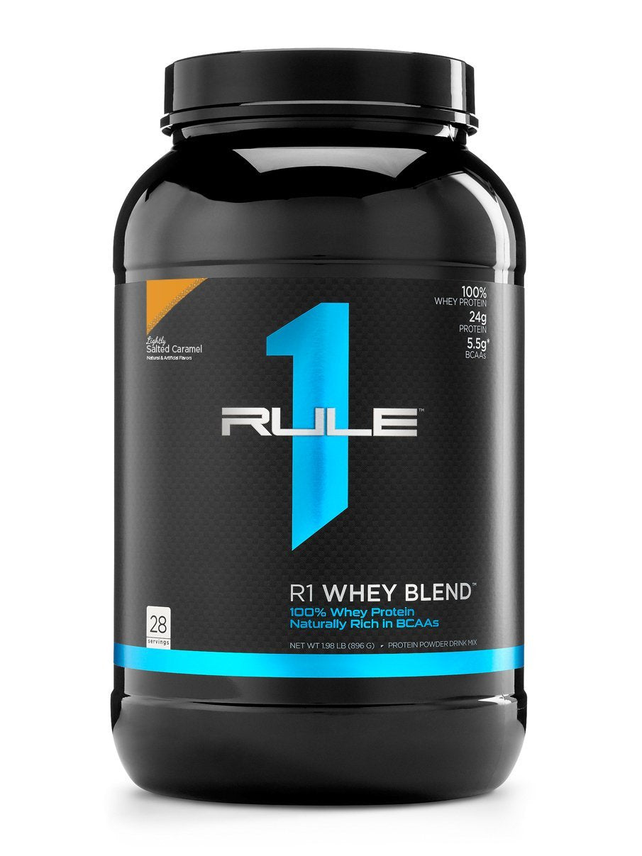 Rule 1 Proteins R1 Whey Blend bottle in Lightly Salted Caramel flavor, convenient post-workout option.