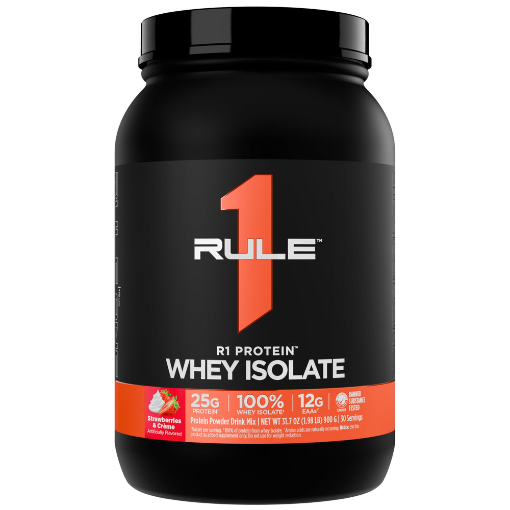 Rule 1 R1 Protein Whey Isolate bottle front highlights premium post-workout option.