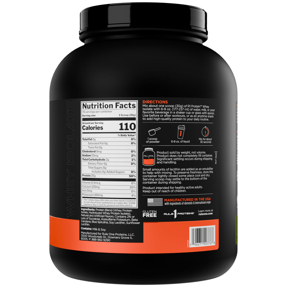 Rule 1 R1 Protein Whey Isolate bottle side view highlighting clear label quality.