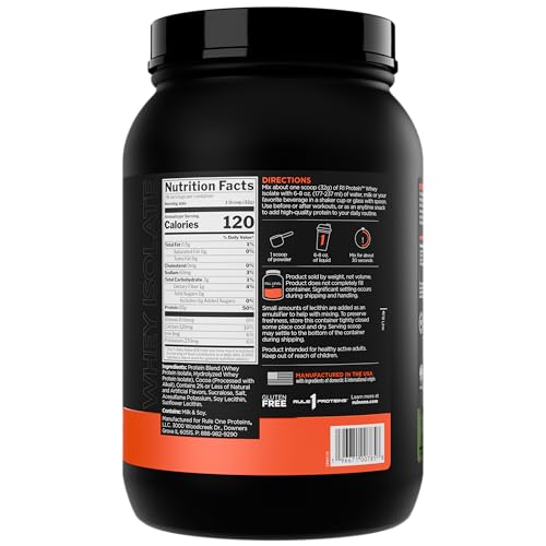 Rule 1 bottle side with label highlights fast acting whey isolate for quick recovery.