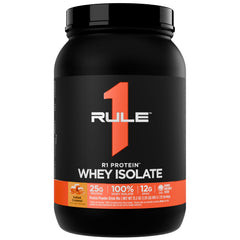 Rule 1 Proteins whey isolate tub front with salted caramel flavor