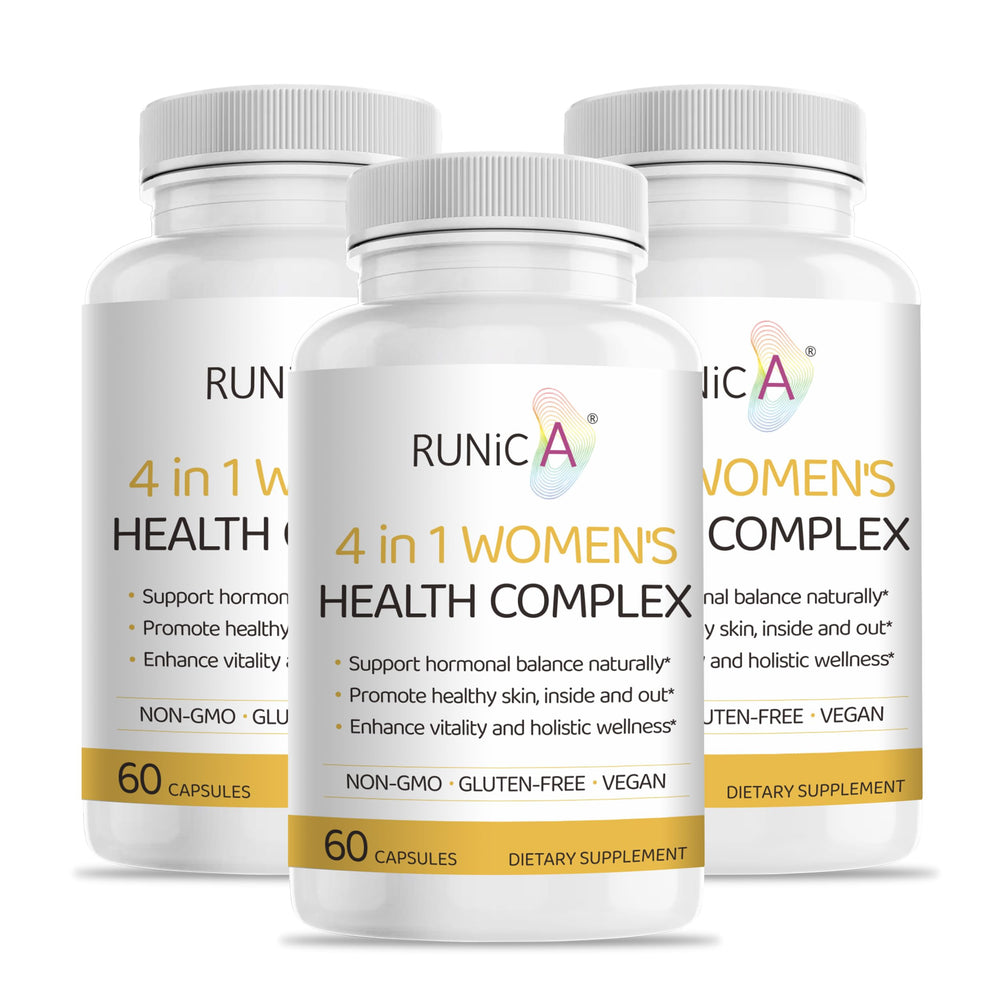 RUNICA Estro-Beauty bottle with capsules for hormonal balance and skin glow.