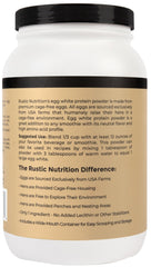 Rustic Nutrition egg white protein powder label close-up highlighting unflavored option