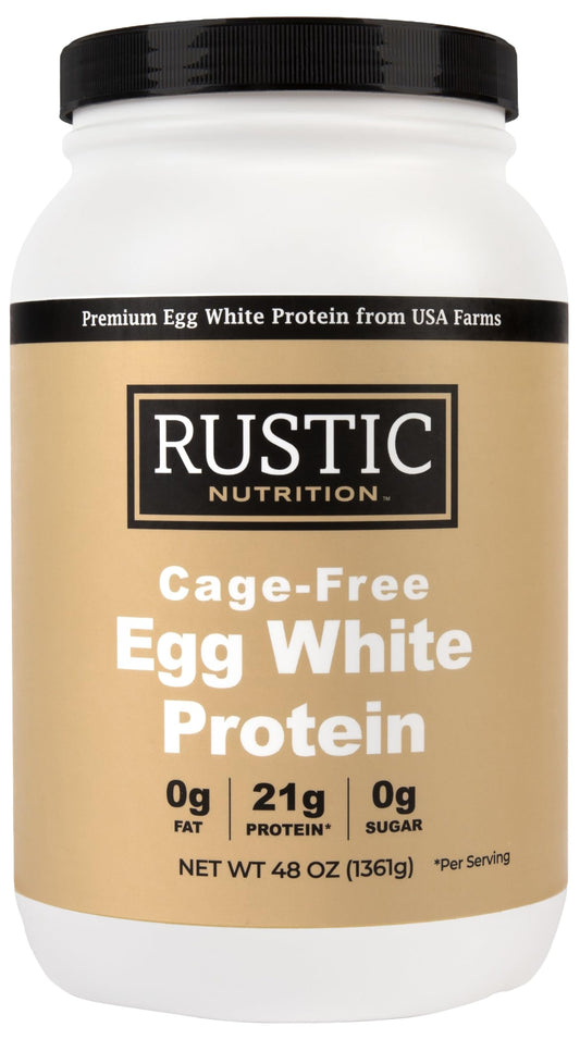 Rustic Nutrition egg white protein powder container showing 21g protein per serving for smoothies