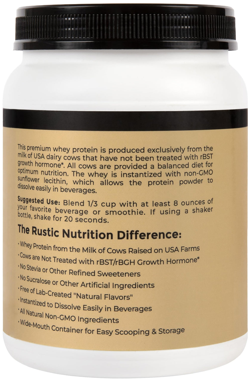 Rustic Nutrition premium whey instantized powder dissolves easily in drinks.