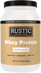 Rustic Nutrition Premium Whey Protein tub front, unflavored powder ideal for shakes