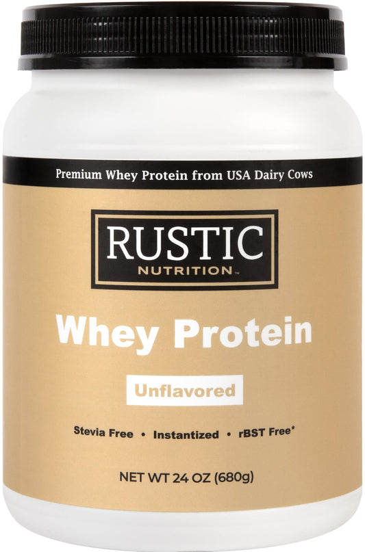 Rustic Nutrition premium whey protein powder tub for quick protein boosts.