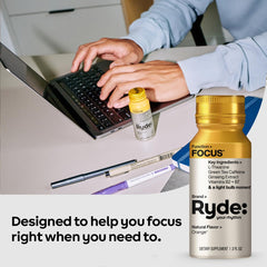 RYDE Focus Shot ingredients label highlights balanced blend of L-Theanine and green tea caffeine.