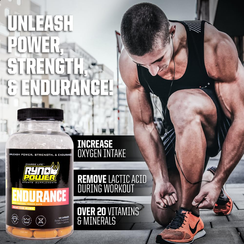Ryno Power Endurance Capsules in use, illustrating a focus on oxygen delivery to muscles.