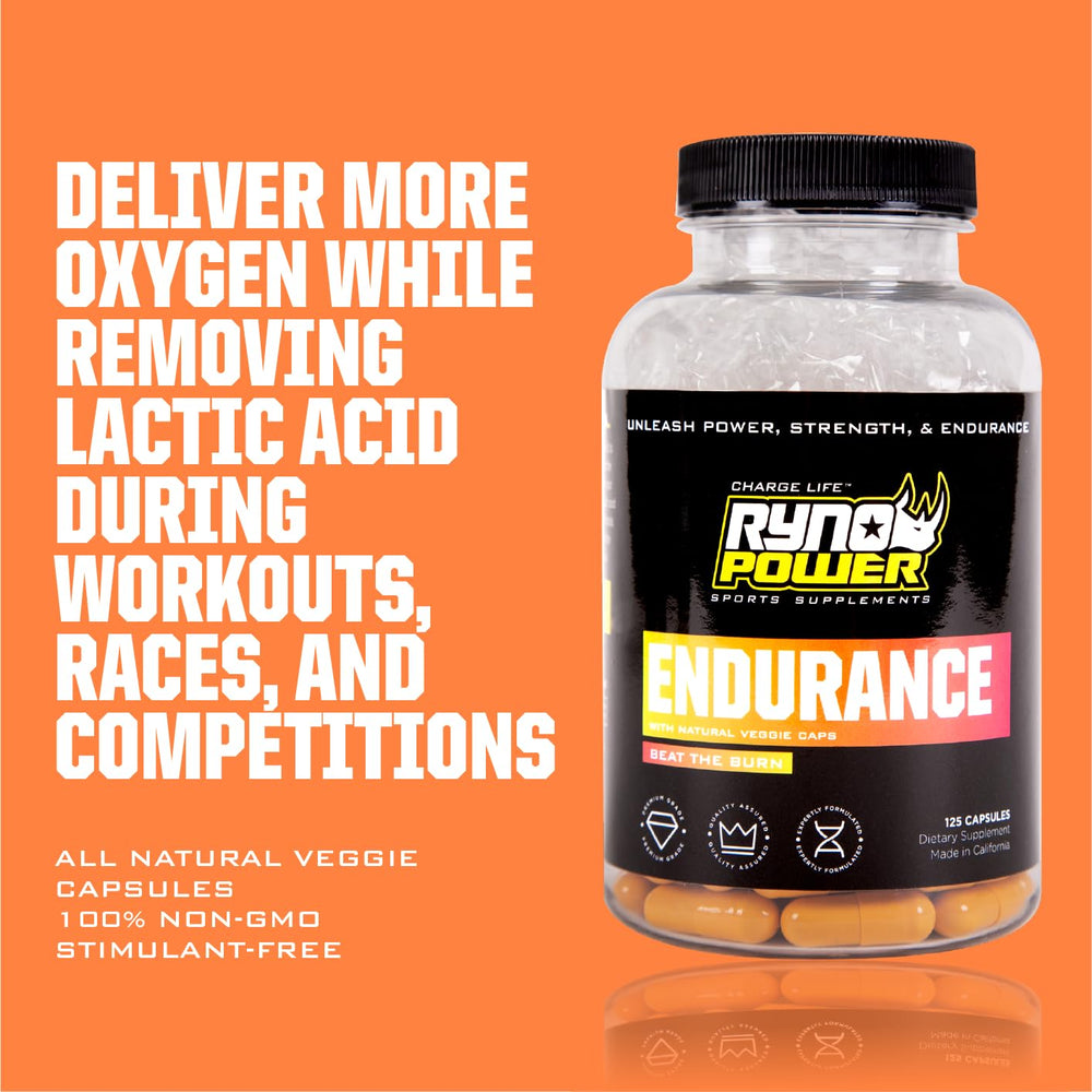 Ryno Power Endurance Capsules on desk, paired with water for quick pre-workout use.