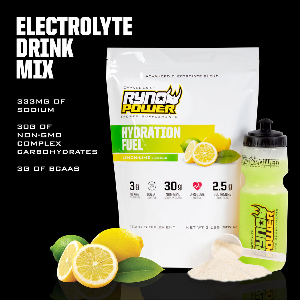 Ryno Power Hydration Fuel lemon-lime label shows BCAA and carb details