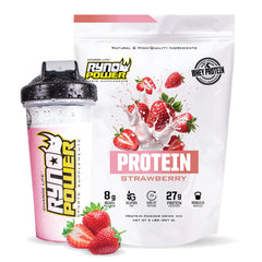 Ryno Power Strawberry Whey nutrition label highlights 27g protein and 8.5g BCAAs per serving