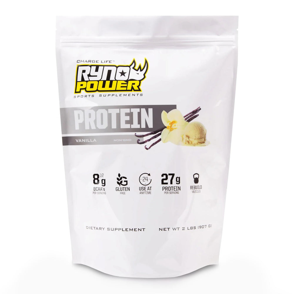 Ryno Power vanilla whey 2lb bag, convenient protein source.