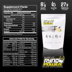 Ryno Power vanilla whey tub open showing powder.