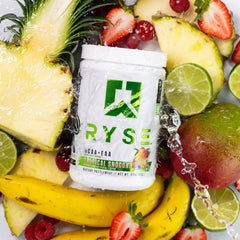 RYSE BCAA EAA Tropical SnoCone flavor label shows zero sugar.