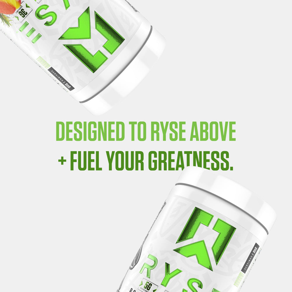 RYSE BCAA EAA Tropical SnoCone nutrition panel emphasizes clean ingredients.