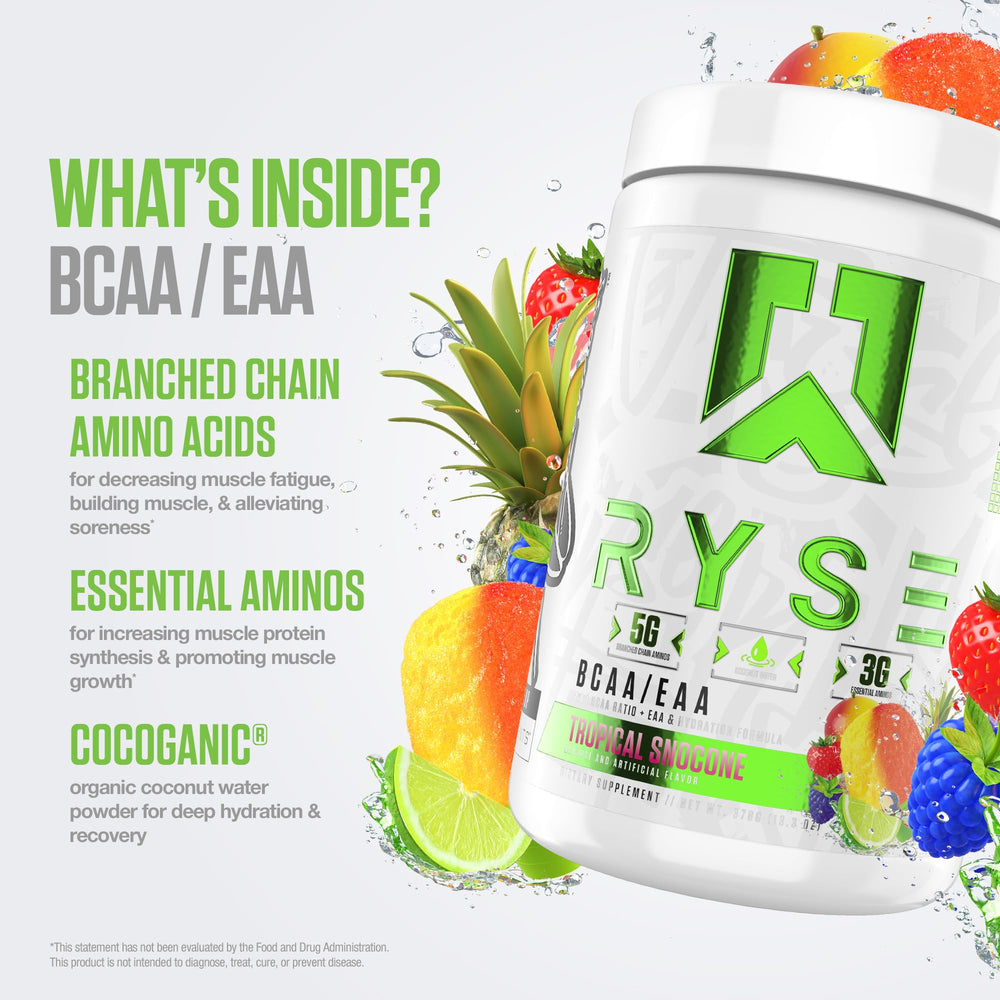 RYSE BCAA EAA Tropical SnoCone serving beside a glass of drink.