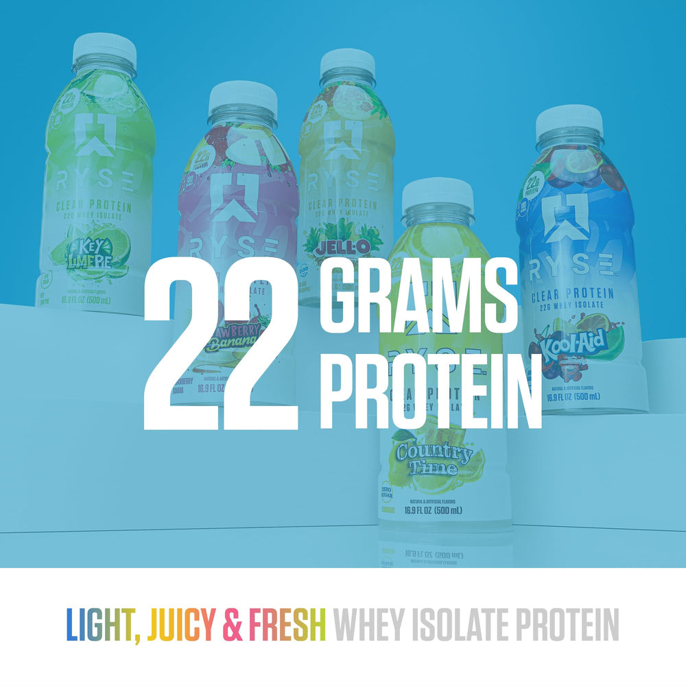 RYSE Clear Protein Drink zero sugar lactose-free formula in clear bottle
