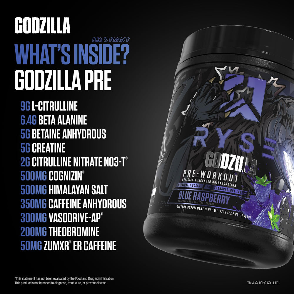 RYSE Godzilla Blue Raspberry ingredients panel highlighting key compounds