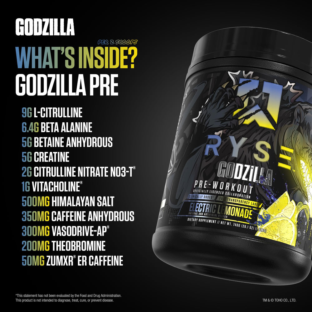 RYSE Godzilla Electric Lemonade label closeup emphasizes ingredients like citrulline and caffeine.
