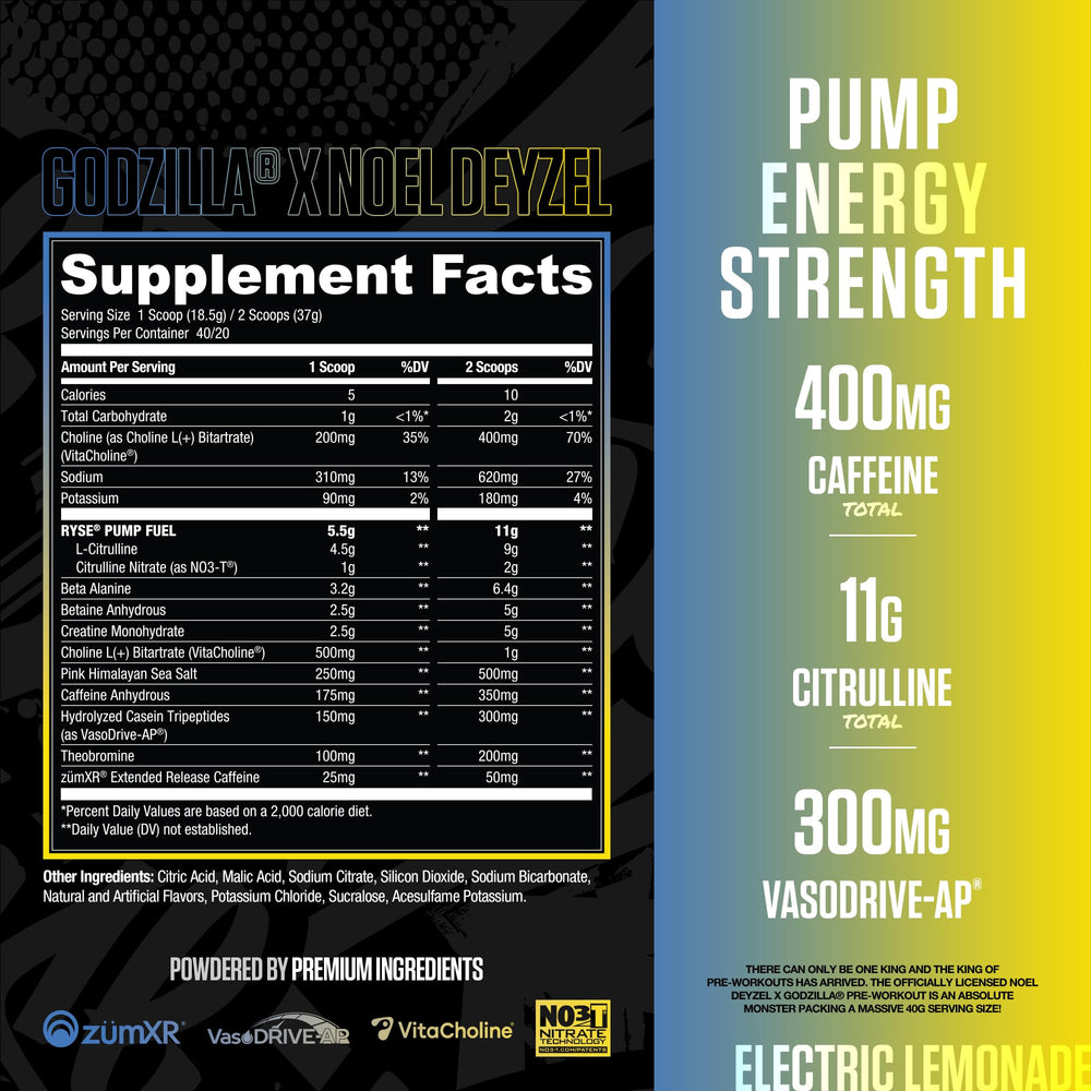 RYSE Godzilla Electric Lemonade scoop pour demonstrates convenient serving for a quick energy boost.