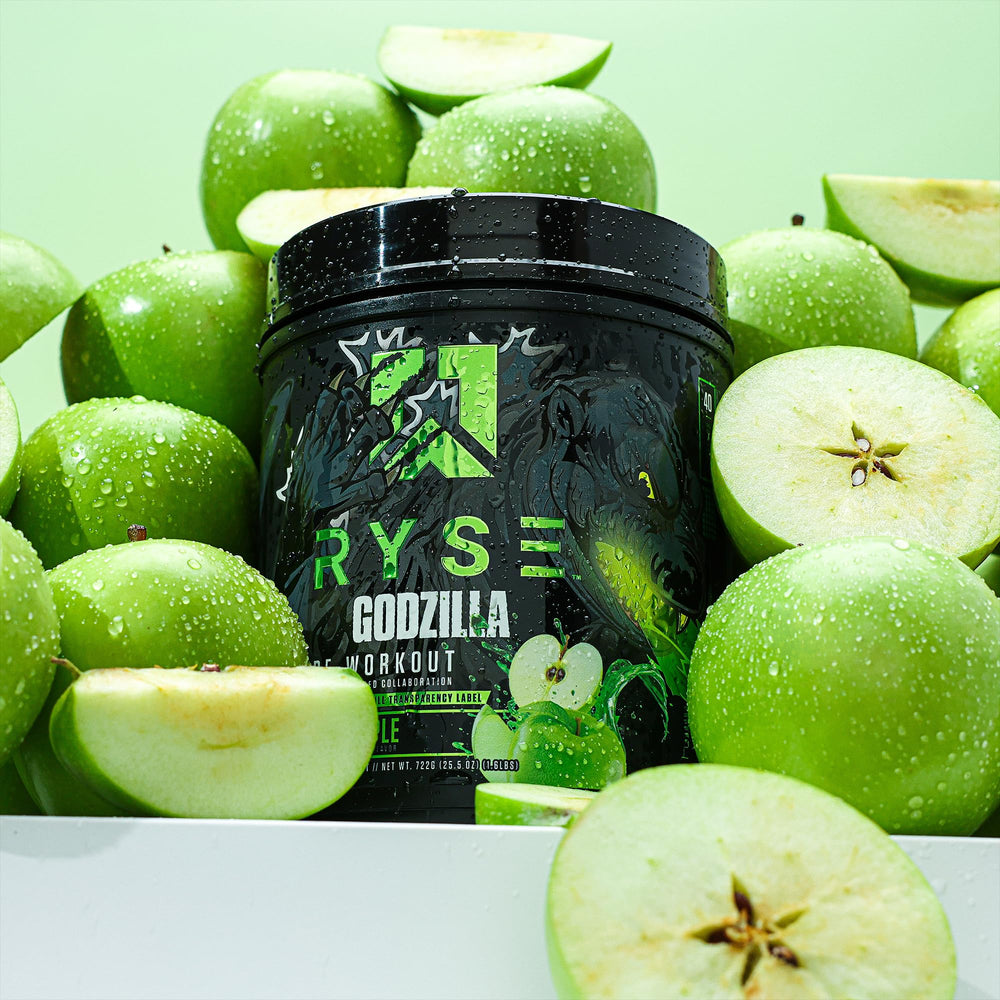 RYSE Godzilla bottle with pink Himalayan salt suggests hydration support.