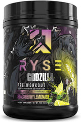 RYSE Godzilla Blackberry Lemonade pre-workout powder tub for intense training.