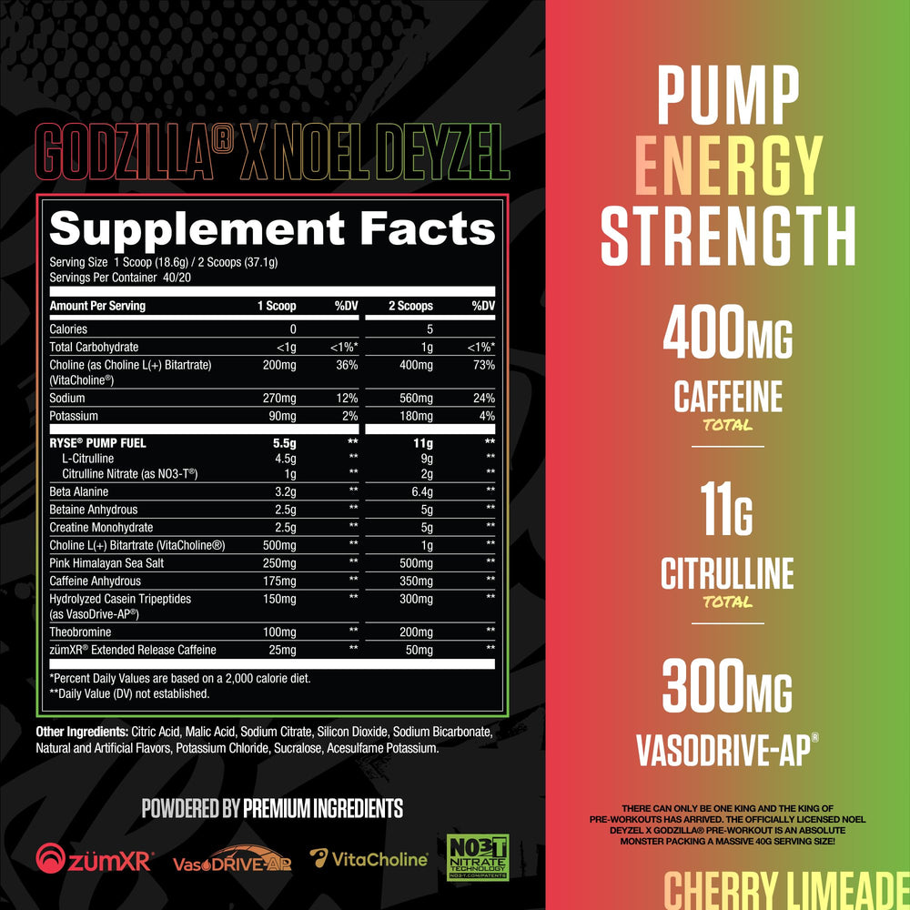 Pour into a glass for a pre-workout energy boost with RYSE Godzilla