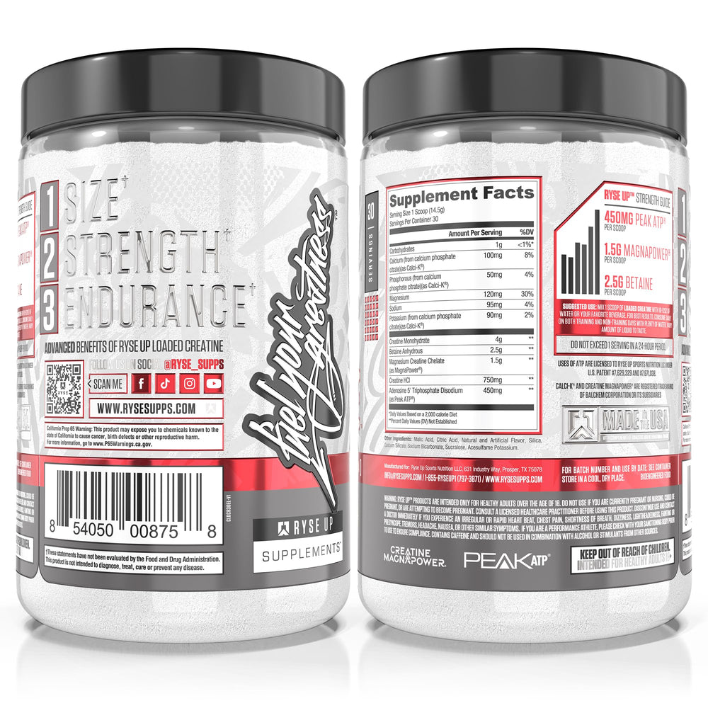 RYSE Loaded Creatine Electric Lemonade branding and USA-made packaging