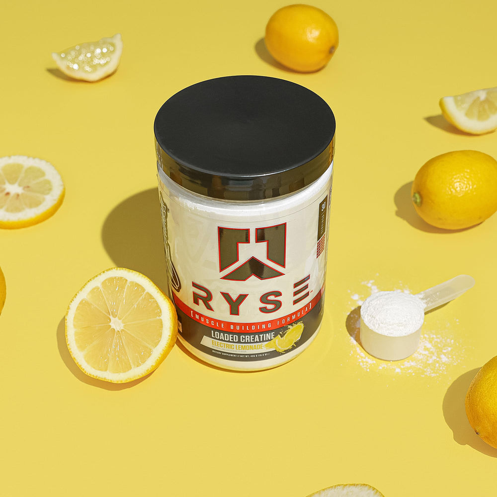 Chilled RYSE Loaded Creatine Electric Lemonade glass with ice