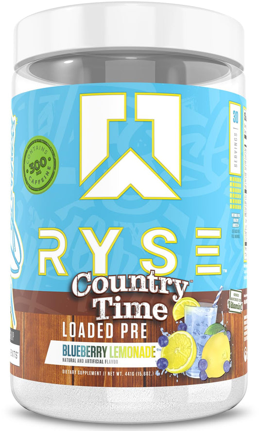 RYSE Loaded Pre Workout tub front with Country Time Blueberry Lemonade flavor for a clean energy boost