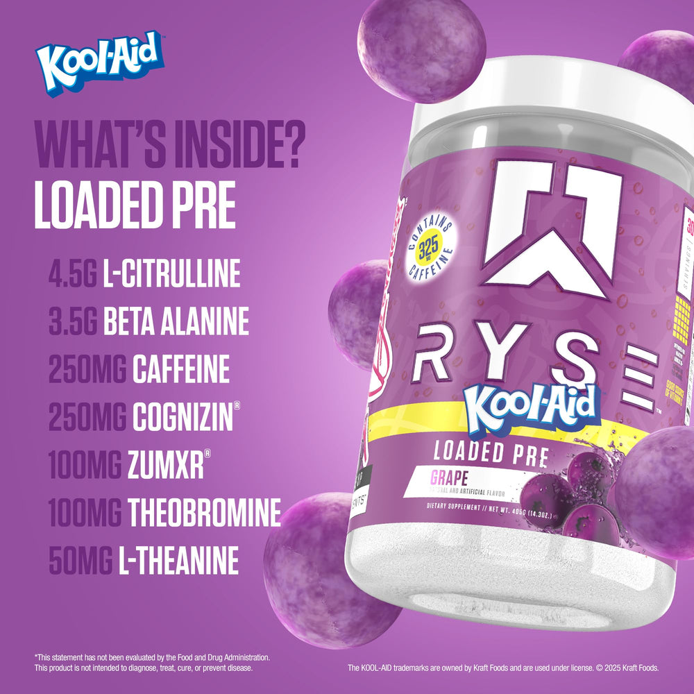 RYSE Kool-Aid Grape powder dissolving in water for clean, sustained energy