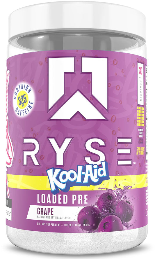 RYSE Loaded Pre Workout Kool-Aid Grape tub label showing premium ingredients for peak sessions