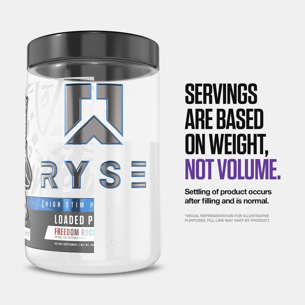 RYSE Loaded Pre Workout Bazooka Grape packaging display on gym bench
