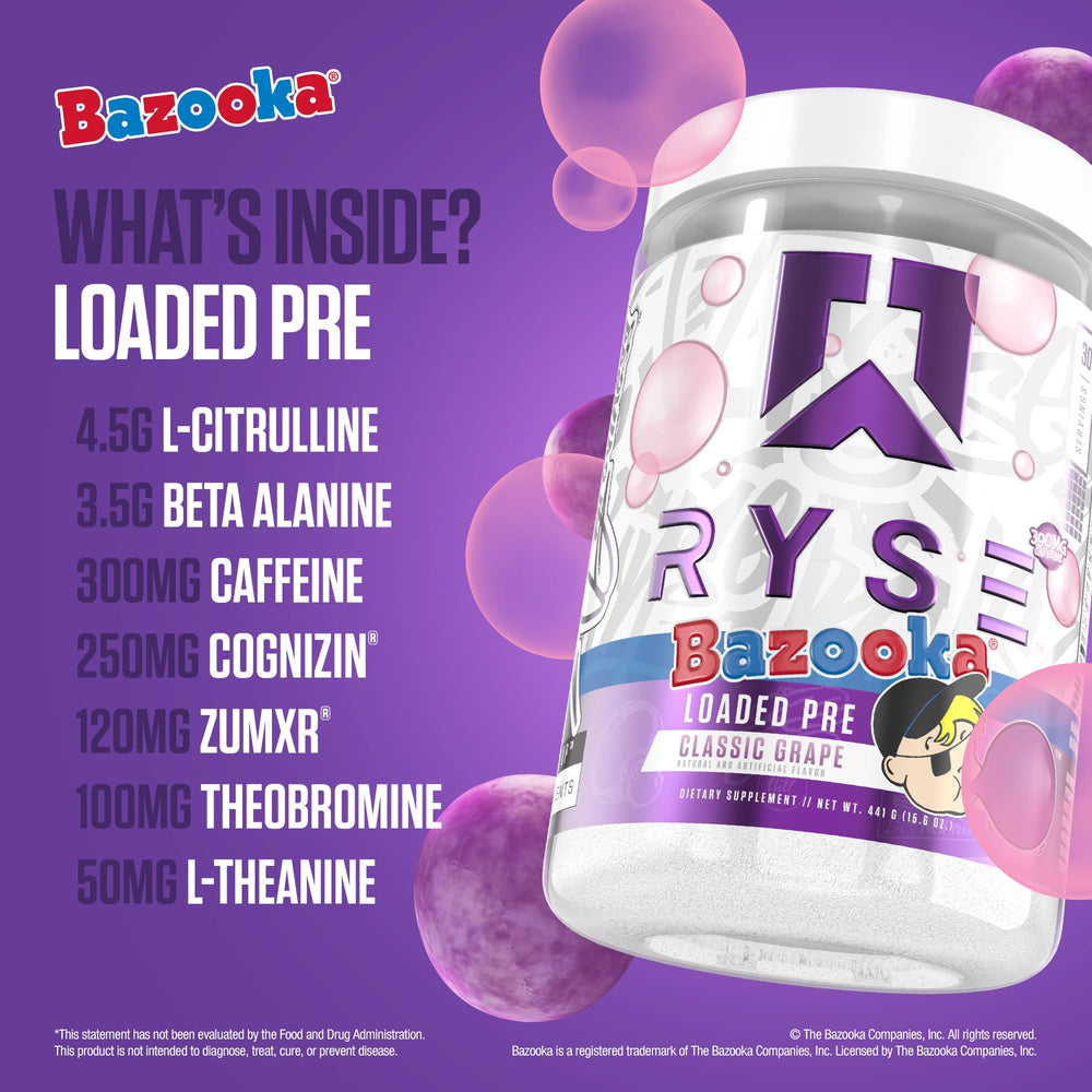 RYSE Loaded Pre Workout Bazooka Grape powder poured into glass for energy boost