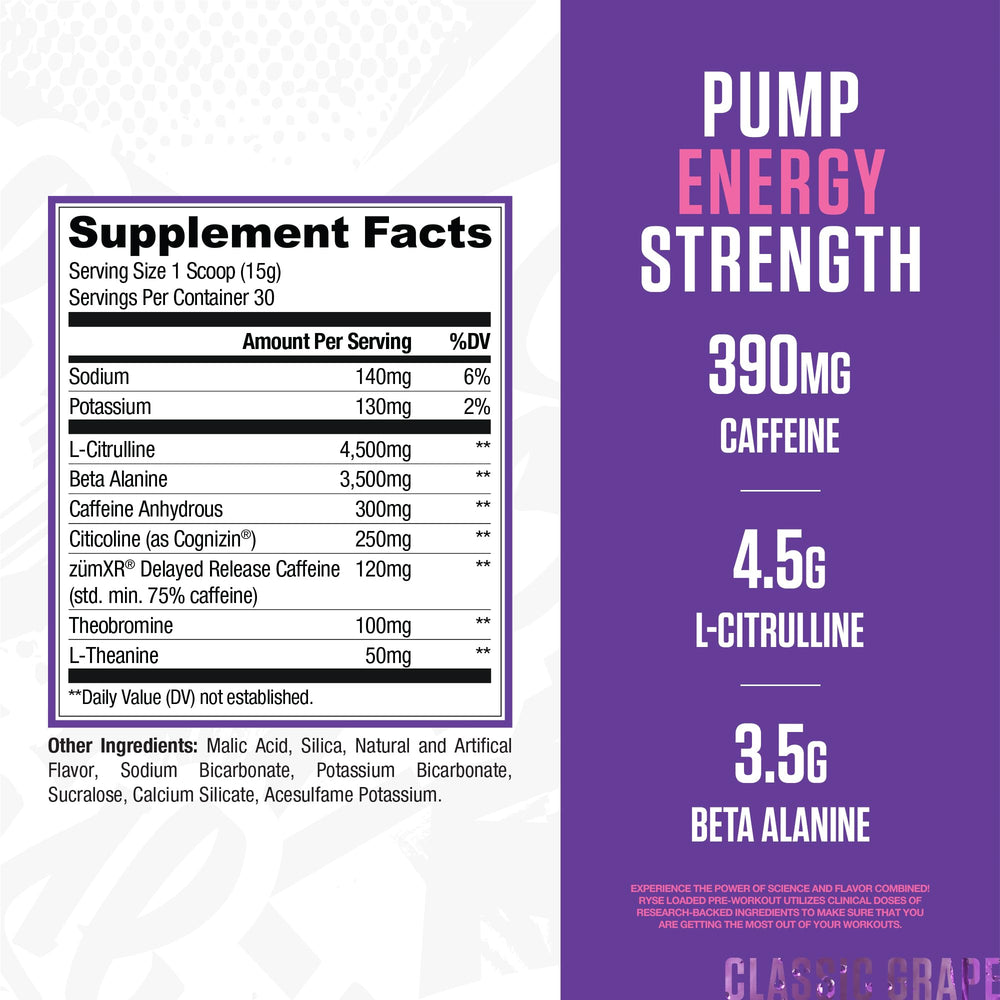 RYSE Loaded Pre Workout Bazooka Grape scoop dipping into powder for quick mix