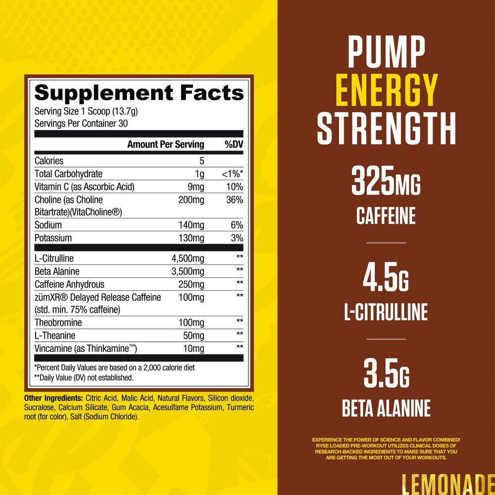 RYSE Loaded scoop beside the tub demonstrates quick mix for steady energy.