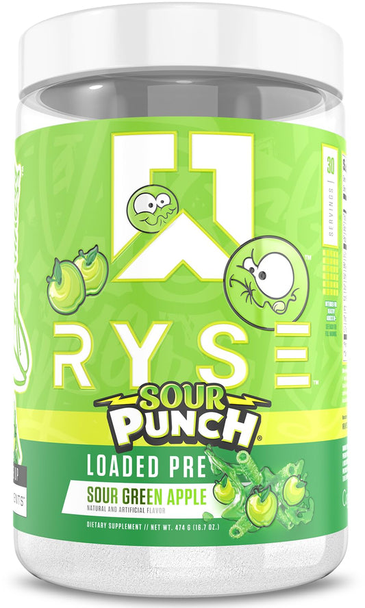 RYSE Loaded Pre Workout Sour Punch Green Apple label highlights ingredients and benefits.