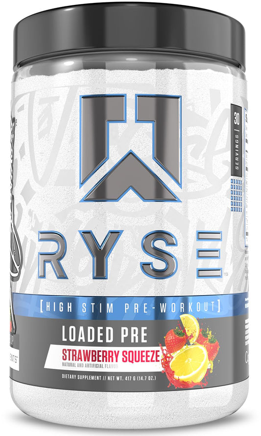 RYSE Loaded Pre Workout Strawberry Squeeze front label boosts focus during workouts