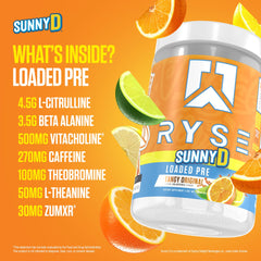 RYSE Loaded Pre Workout SunnyD Tangy Original serving glass with ice, ready to energize workouts