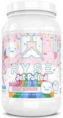 RYSE Loaded Birthday Cake tub showing 25g protein per serving for post-workout recovery