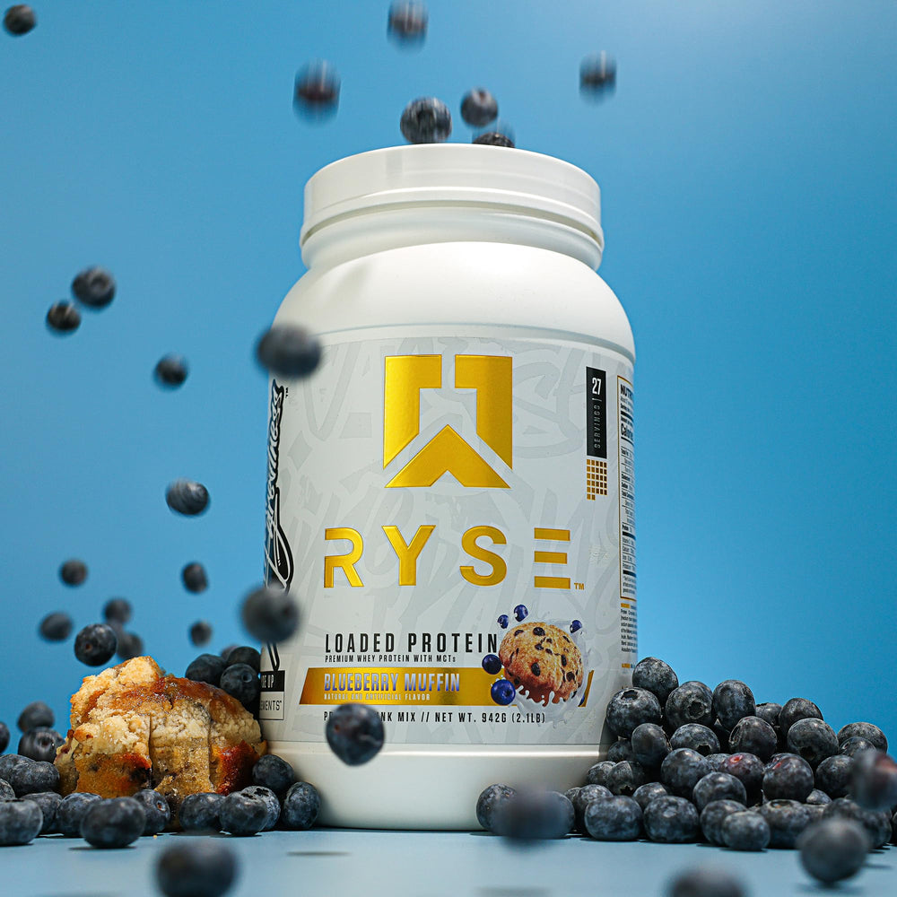 Back-of-tub ingredients panel for RYSE Loaded Protein Blueberry Muffin highlighting prebiotic fiber
