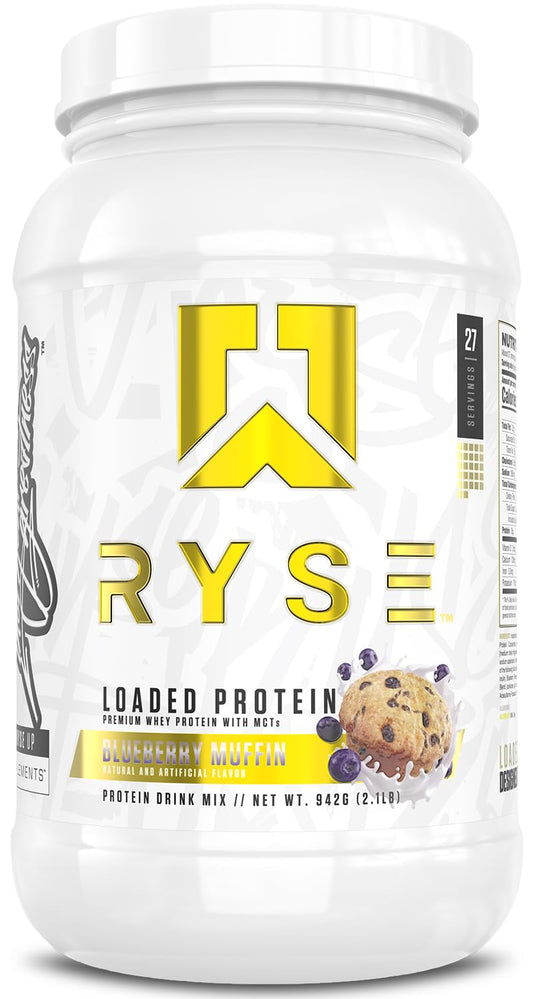 RYSE Loaded Protein Blueberry Muffin tub showcasing premium flavor and protein blend