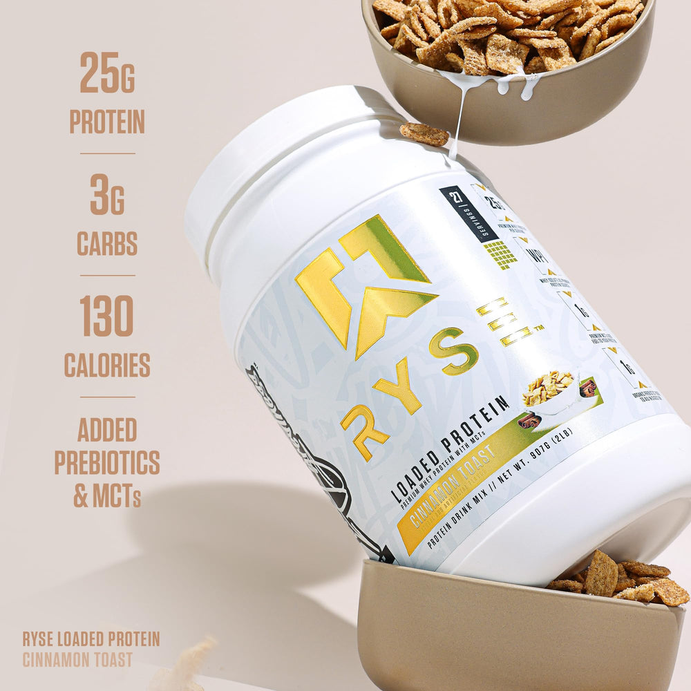 Prepared Cinnamon Toast shake with RYSE Loaded protein, quick recovery drink.