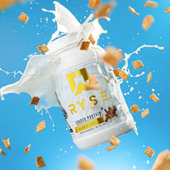 RYSE Loaded Cinnamon Toast powder texture close-up, illustrating smooth mixability.