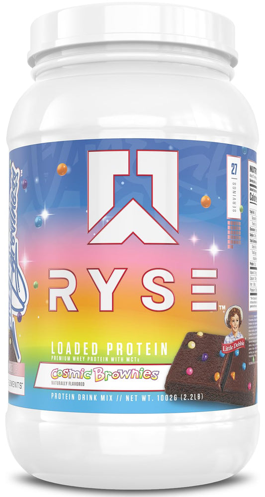 RYSE Loaded Protein Powder Cosmic Brownie bottle pour shows smooth, satisfying post-workout flavor.