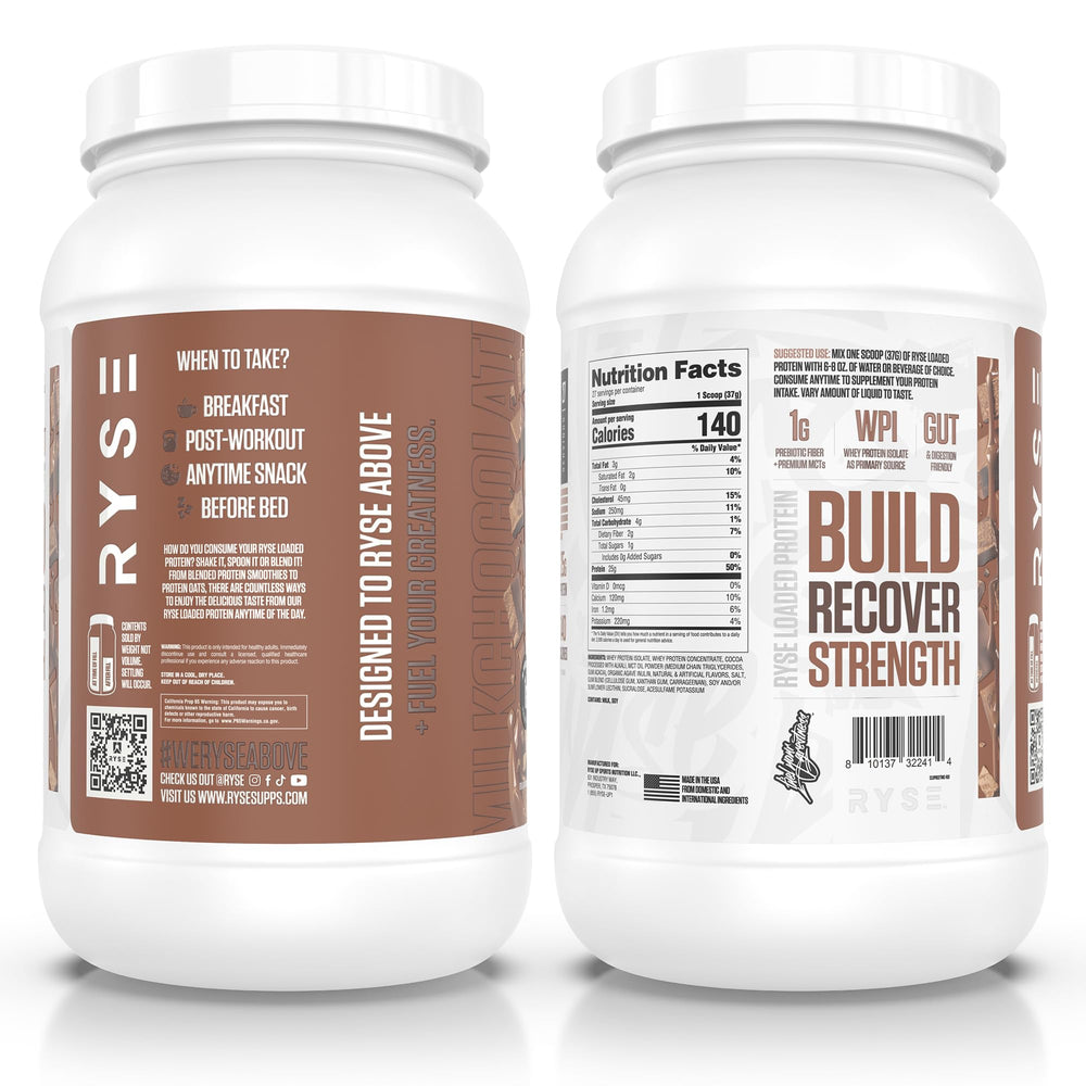 RYSE Loaded Protein Milk Chocolate nutrition facts label for informed choices.