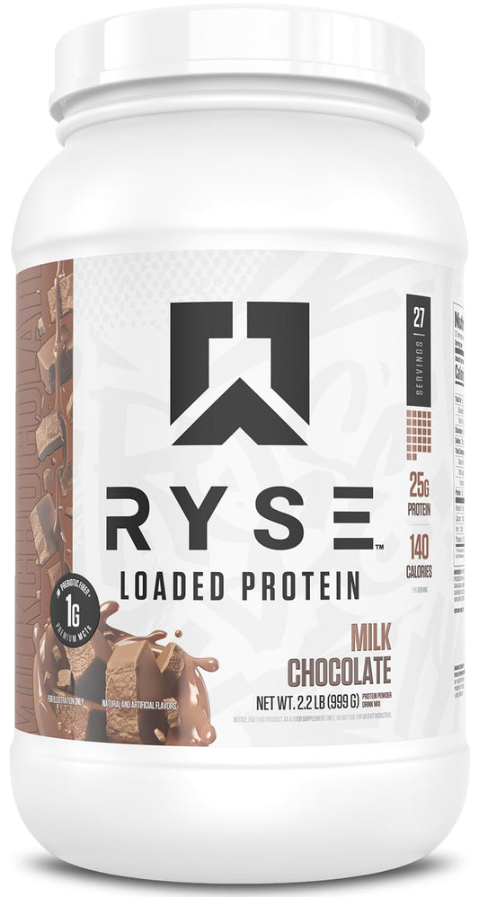 RYSE Loaded Protein Milk Chocolate tub front—premium packaging for workout fueling.